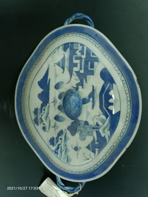 古玩陶瓷清中青花山水樓閣紋湯盆拍賣，當前價格1888元