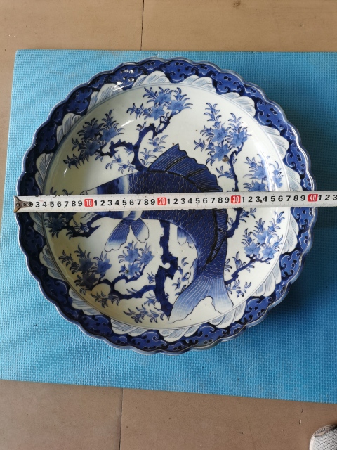 古玩陶瓷【放漏】晚清民國青花魚躍龍門大盤拍賣,當前價格500元