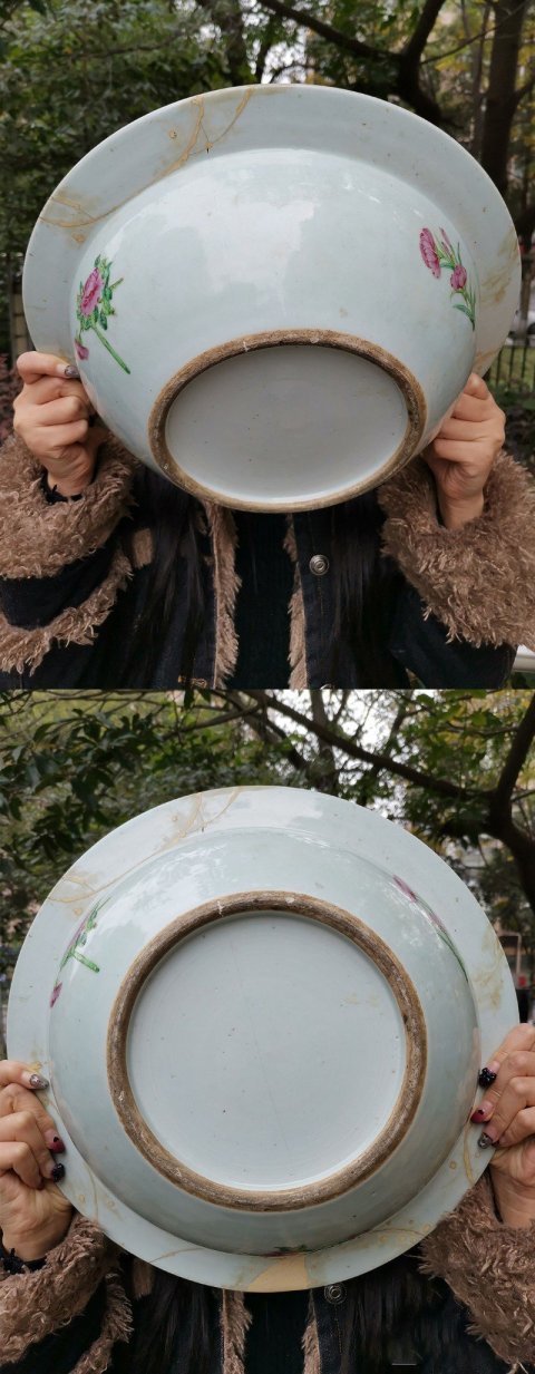 古玩陶瓷5389】清中期  廣彩花蝶庭院人物故事圖深腹折沿盆拍賣，當前價格4500元