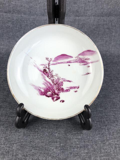 古玩陶瓷胭脂紅山水紋深腹盤拍賣，當前價格1200元