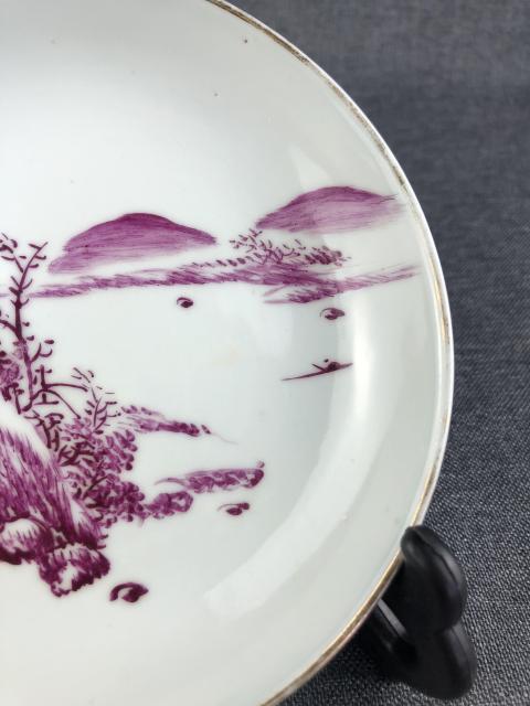 古玩陶瓷胭脂紅山水紋深腹盤拍賣，當前價格1200元