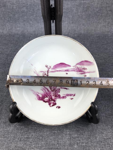 古玩陶瓷胭脂紅山水紋深腹盤拍賣，當前價格1200元