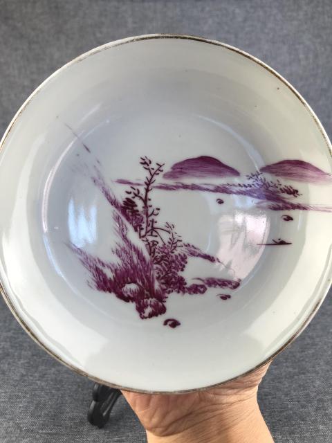 古玩陶瓷胭脂紅山水紋深腹盤拍賣，當前價格1200元