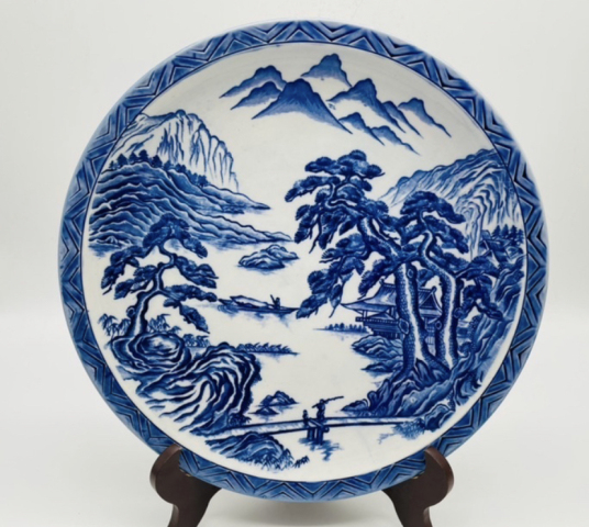 古玩陶瓷山水紋青花盤拍賣,當前價格350元
