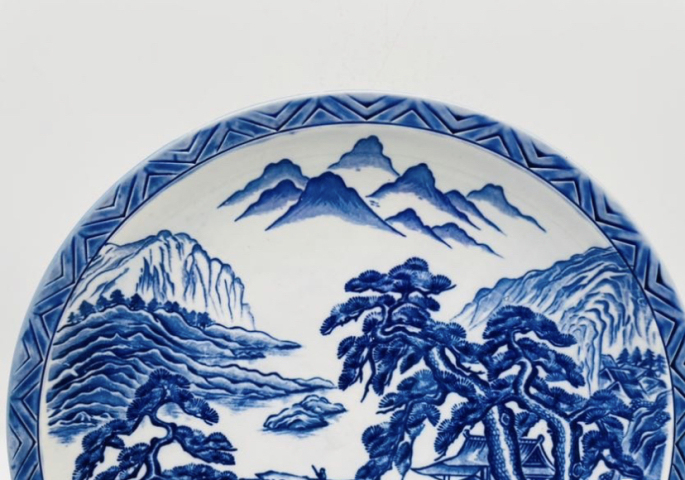 古玩陶瓷山水紋青花盤拍賣,當前價格350元