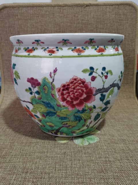 古玩陶瓷【 重器 】晚清五彩富貴牡丹文房卷缸拍賣，當前價格15000元