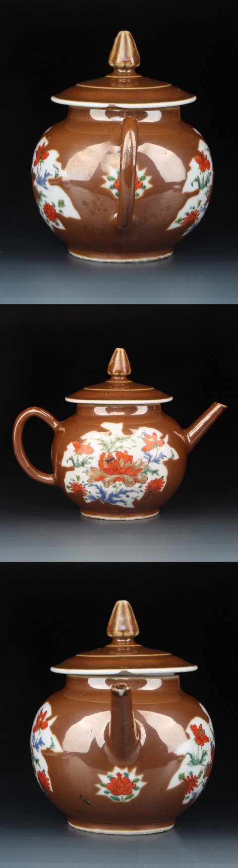 古玩陶瓷5491】清雍正??醬釉地開窗牡丹花卉紋執壺拍賣，當前價格3000元