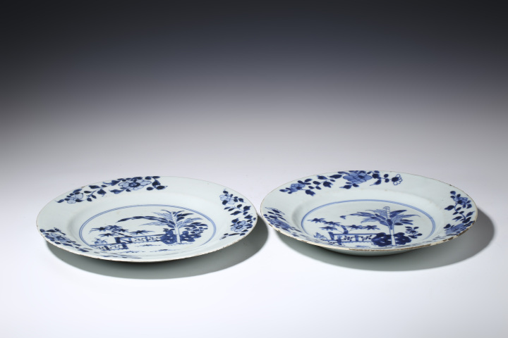 古玩陶瓷清康熙·青花竹石芭蕉紋折沿盤一對拍賣，當前價格3999元