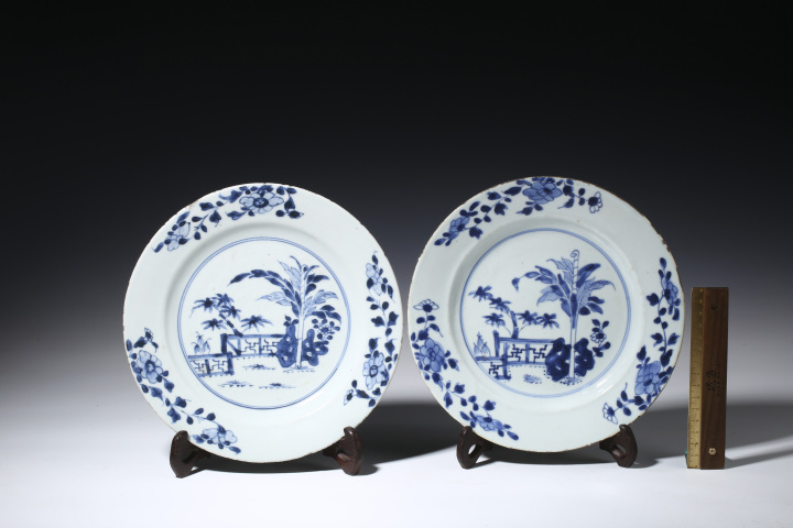 古玩陶瓷清康熙·青花竹石芭蕉紋折沿盤一對拍賣，當前價格3999元