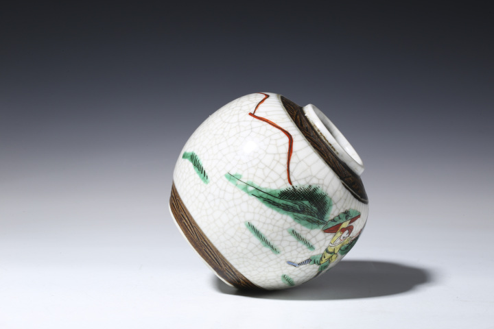 古玩陶瓷晚清民國·哥釉五彩刀馬人物紋罐拍賣，當前價格1999元