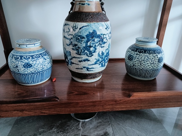 古玩陶瓷帶蓋青花罐一對拍賣，當前價格2000元