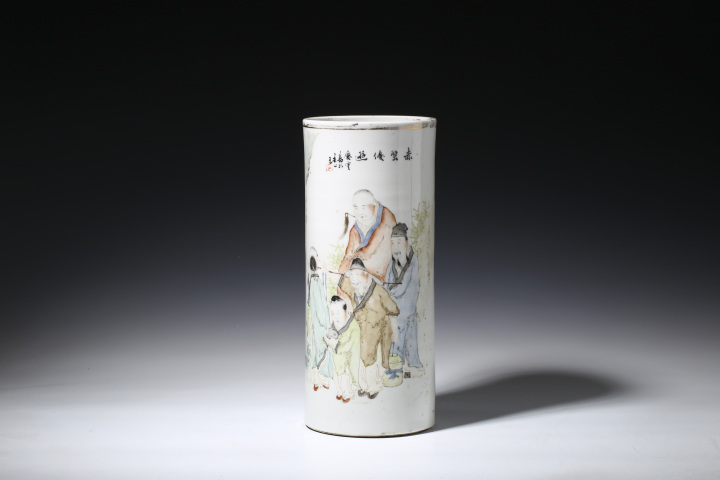 古玩陶瓷民國·馬慶云作淺絳彩人物紋帽筒拍賣，當前價格15000元