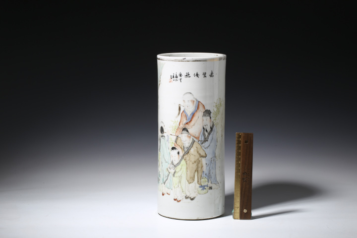 古玩陶瓷民國·馬慶云作淺絳彩人物紋帽筒拍賣，當前價格15000元