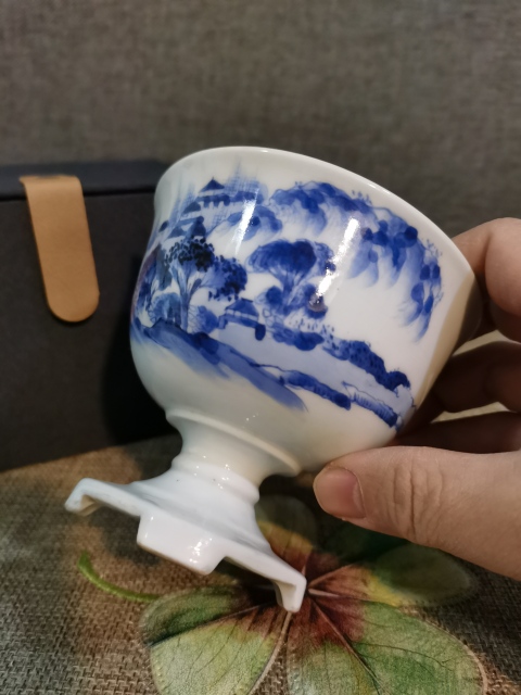 古玩陶瓷【精美高足杯】民國青花山水紋高足碗拍賣,當前價格280元