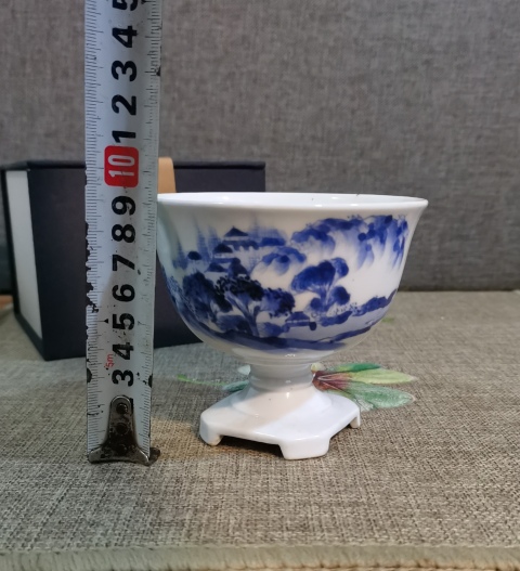 古玩陶瓷【精美高足杯】民國青花山水紋高足碗拍賣,當前價格280元