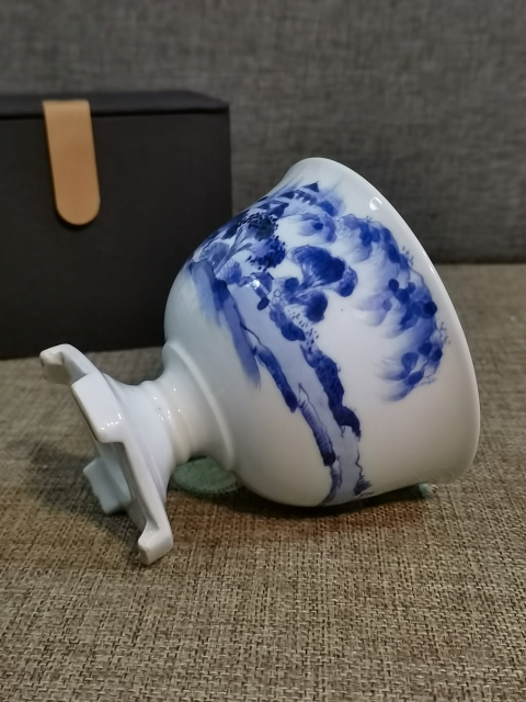 古玩陶瓷【精美高足杯】民國青花山水紋高足碗拍賣,當前價格280元