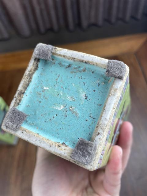 古玩陶瓷綠地粉彩博古紋方瓶一對拍賣，當前價格15000元