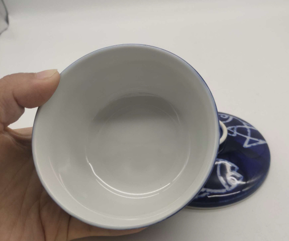 古玩陶瓷魚紋青花蓋碗拍賣,當前價格398元
