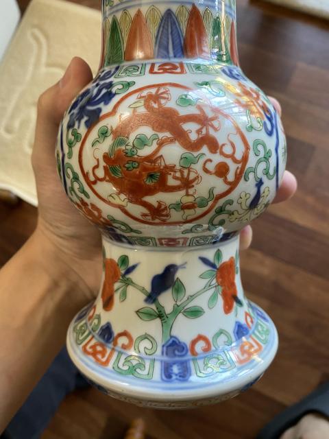 中国古美術　五彩龍紋染付花瓶【大明萬歷年製】在銘 清倉古陶瓷五彩龍紋賞瓶款大明萬曆 (MQ-NACO08) NG - 補破網