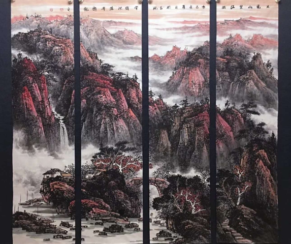 古玩字畫著名畫家張緒洪通景四屏山水拍賣,當前價格1888元