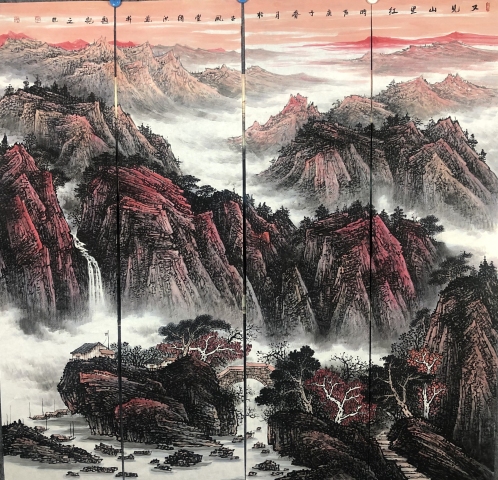 古玩字畫著名畫家張緒洪通景四屏山水拍賣,當前價格1888元