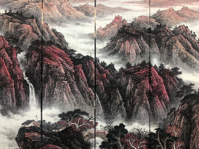 古玩字畫著名畫家張緒洪通景四屏山水拍賣,當前價格1888元