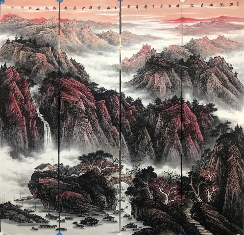古玩字畫著名畫家張緒洪通景四屏山水拍賣,當前價格1888元