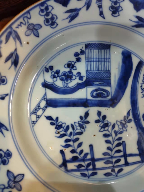 古玩陶瓷清康熙亭臺樓閣花卉紋青花盤拍賣，當前價格1588元