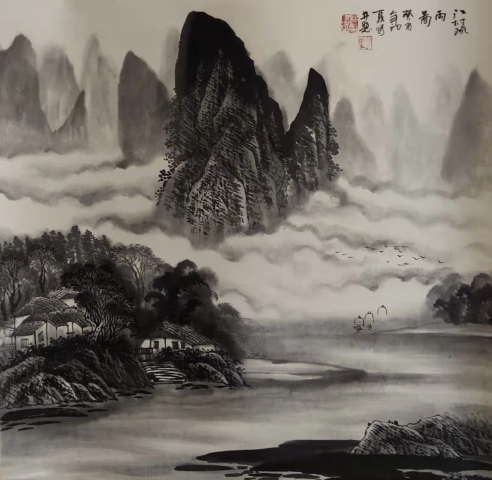 古玩字畫天津美術家協會會員李林榮江村疏雨圖拍賣,當前價格488元
