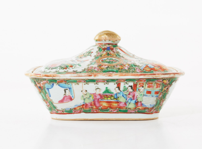 古玩陶瓷清中晚·廣彩花鳥人物紋蓋盆拍賣，當前價格2800元