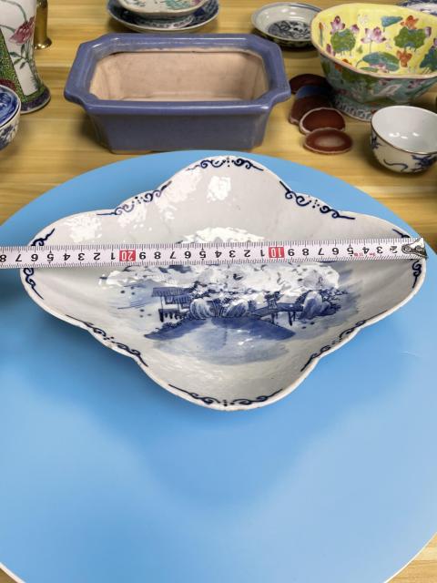 古玩陶瓷清道光 青花攜琴訪友海棠貢盤拍賣，當前價格4980元