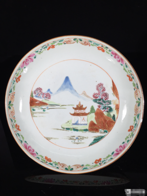 古玩陶瓷清早期山水紋粉彩描金盤拍賣，當前價格1588元