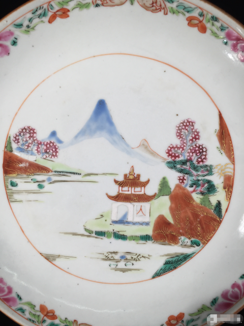 古玩陶瓷清早期山水紋粉彩描金盤拍賣，當前價格1588元
