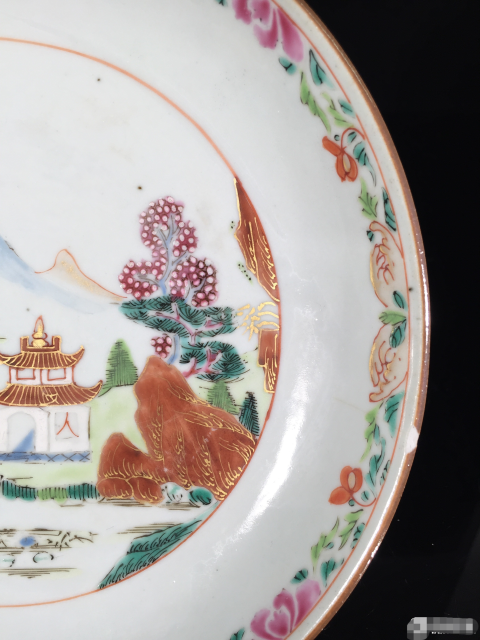古玩陶瓷清早期山水紋粉彩描金盤拍賣，當前價格1588元
