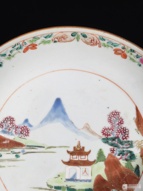 古玩陶瓷清早期山水紋粉彩描金盤拍賣，當前價格1588元