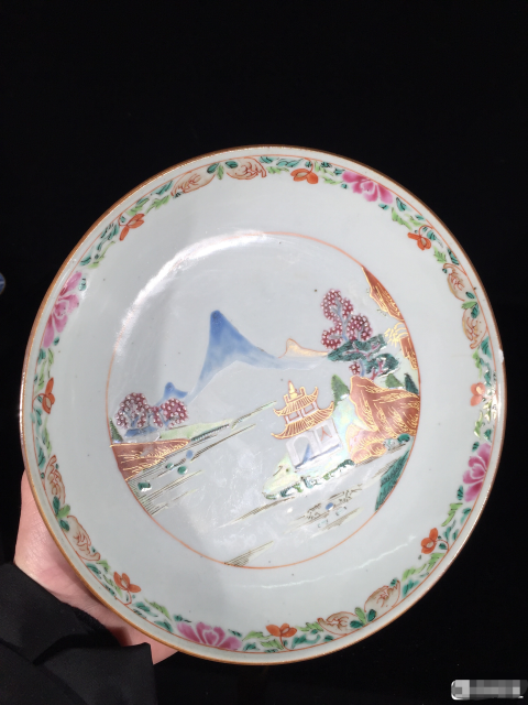古玩陶瓷清早期山水紋粉彩描金盤拍賣，當前價格1588元