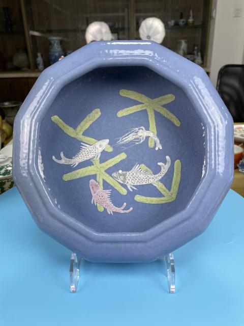 古玩陶瓷晚清民國 天藍釉粉彩魚藻紋筆洗（雍正官窯款）拍賣，當前價格12000元