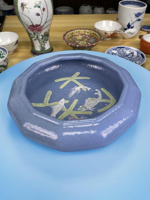 古玩陶瓷晚清民國 天藍釉粉彩魚藻紋筆洗（雍正官窯款）拍賣，當前價格12000元