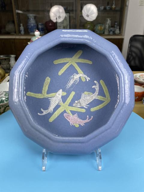 古玩陶瓷晚清民國 天藍釉粉彩魚藻紋筆洗（雍正官窯款）拍賣，當前價格12000元