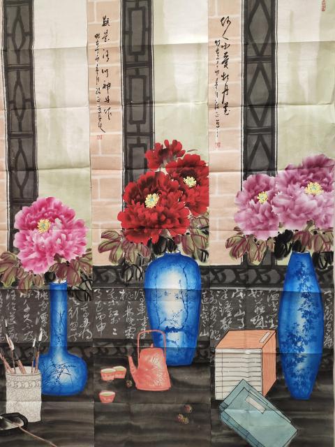 古玩字畫中國美術家協會會員 吳紹正《牡丹四屏》被世人尊稱為“牡丹王”拍賣，當前價格3699元