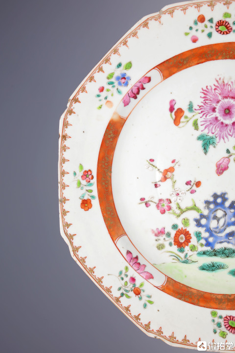 中国古美術品　清の乾隆時代　粉彩花卉洞石中皿　本物保証　23cm 中国古美術品 清の乾隆時代 粉彩花卉洞石中皿 本物