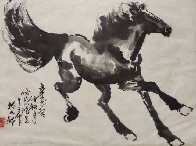 古玩字畫老中美協趙久長奔馬帶實木相框拍賣,當前價格1288元