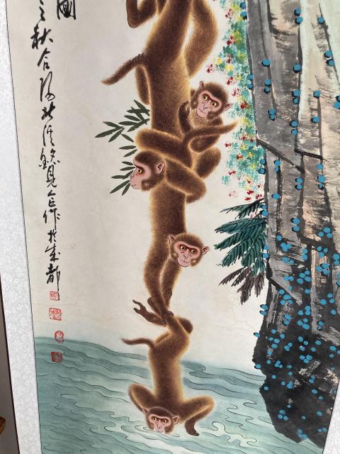 古玩字畫已故畫猴名家周北溪靈猴飲水猴圖拍賣，當前價格8888元