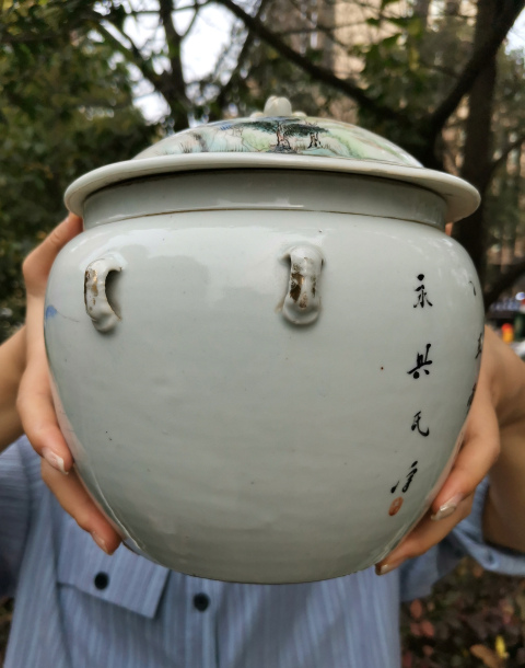 古玩陶瓷【5932】民國 粉彩寒江獨釣圖詩文粥罐拍賣,當前價格2800元