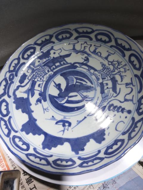古玩陶瓷團鶴樓臺亭閣山水紋青花盤拍賣,當前價格2288元