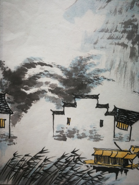 古玩字畫十年前山水畫奇峰下面的家一幅拍賣,當前價格299元