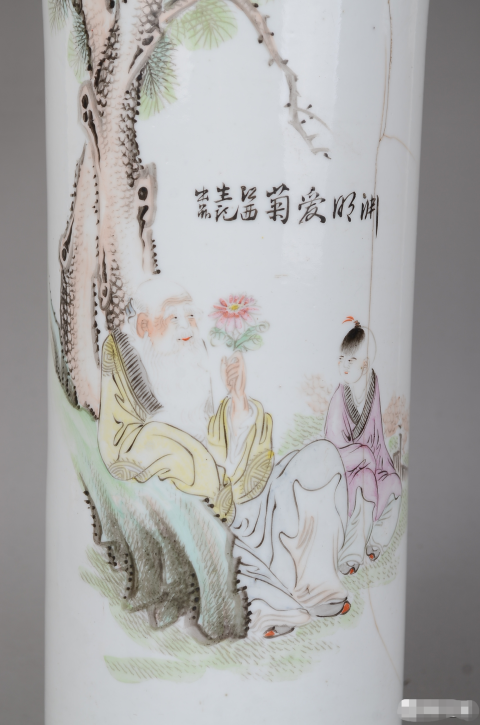 古玩陶瓷【低價大處理】民國淺絳彩人物紋彩繪帽筒拍賣,當前價格1388元