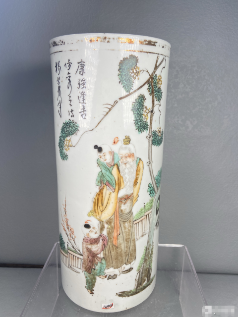 古玩陶瓷晚清淺絳彩人物紋彩繪帽筒拍賣，當前價格1888元