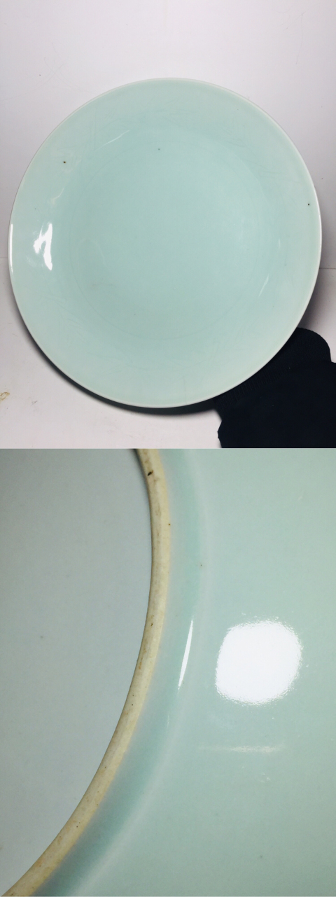 古玩陶瓷粉青釉暗刻竹紋大盤拍賣,當前價格588元