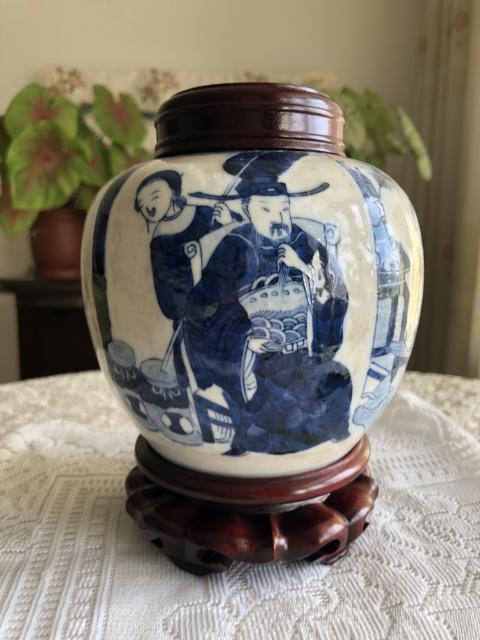古玩陶瓷清哥釉青花人物罐拍賣,當前價格3500元